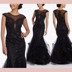 NWT$380 Camille La Vie [ 8 ] Embroidered Illusion Cap Sleeve Mermaid Dress Black